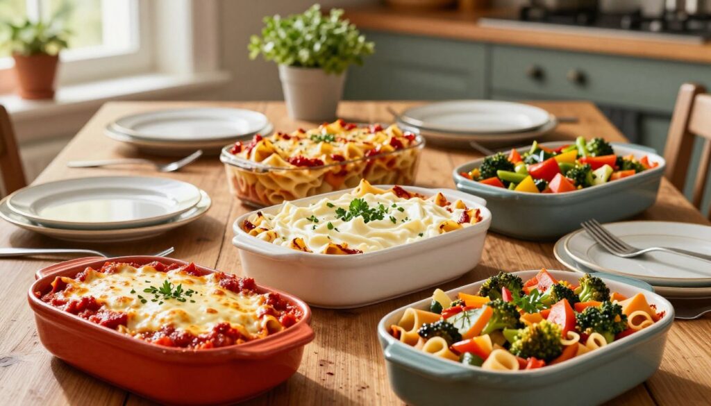 A vibrant and appetizing display of various baked pasta casseroles, each uniquely presented. In the foreground, a colorful array showcases different takes on pasta dishes: one with rich tomato sauce and melted cheese, another with creamy Alfredo sauce topped with herbs, and a vegetable medley casserole overflowing with fresh ingredients. The middle ground features a wooden dining table adorned with elegant plates and utensils, inviting viewers to imagine a cozy family meal. Soft, warm lighting casts a pleasing glow over the scene, enhancing the inviting atmosphere. The background displays a rustic kitchen setting with herbs in pots and a hint of a window letting in natural light, creating a homey, delicious ambiance perfect for an article on creative pasta baking ideas. A vibrant and appetizing display of various baked pasta casseroles, each uniquely presented. In the foreground, a colorful array showcases different takes on pasta dishes: one with rich tomato sauce and melted cheese, another with creamy Alfredo sauce topped with herbs, and a vegetable medley casserole overflowing with fresh ingredients. The middle ground features a wooden dining table adorned with elegant plates and utensils, inviting viewers to imagine a cozy family meal. Soft, warm lighting casts a pleasing glow over the scene, enhancing the inviting atmosphere. The background displays a rustic kitchen setting with herbs in pots and a hint of a window letting in natural light, creating a homey, delicious ambiance perfect for an article on creative pasta baking ideas.