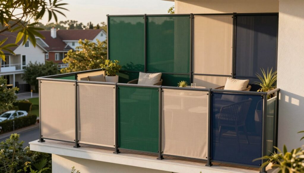A vibrant and detailed balcony scene showcasing a variety of balcony screens designed for privacy and wind protection. In the foreground, display several samples of balcony screen dimensions and colors, including subtle textiles like mesh and solid fabrics in hues such as deep green, soft beige, and rich navy. The middle layer should feature a well-furnished balcony with stylish outdoor furniture, softly lit by golden hour sunlight, enhancing the colors of the screens. In the background, a serene neighborhood setting can be seen, with trees gently swaying in the breeze. The mood should exude a calm and cozy atmosphere, inviting viewers to visualize the protective and aesthetic appeal of the balcony screens. Use a slightly elevated angle for a comprehensive view, with natural lighting creating warm shadows. A vibrant and detailed balcony scene showcasing a variety of balcony screens designed for privacy and wind protection. In the foreground, display several samples of balcony screen dimensions and colors, including subtle textiles like mesh and solid fabrics in hues such as deep green, soft beige, and rich navy. The middle layer should feature a well-furnished balcony with stylish outdoor furniture, softly lit by golden hour sunlight, enhancing the colors of the screens. In the background, a serene neighborhood setting can be seen, with trees gently swaying in the breeze. The mood should exude a calm and cozy atmosphere, inviting viewers to visualize the protective and aesthetic appeal of the balcony screens. Use a slightly elevated angle for a comprehensive view, with natural lighting creating warm shadows.