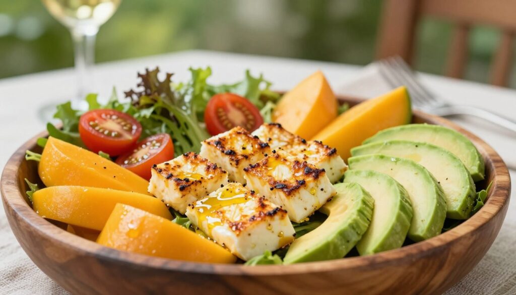 A vibrant and inviting salad featuring grilled Halloumi cheese, ripe mango slices, and creamy avocado, beautifully arranged in a rustic wooden bowl. In the foreground, showcase the golden, crispy Halloumi pieces glistening with olive oil, surrounded by bright orange mango wedges and smooth green avocado slices. The middle ground includes colorful cherry tomatoes and mixed greens, adding freshness and texture. In the background, a softly blurred outdoor setting with natural light, highlighting a serene and inviting atmosphere, perhaps with a gently woven tablecloth and various herbs. The scene should evoke a light and refreshing mood, perfect for summer gatherings. Use a shallow depth of field to emphasize the salad while softly blurring the background, creating depth. A vibrant and inviting salad featuring grilled Halloumi cheese, ripe mango slices, and creamy avocado, beautifully arranged in a rustic wooden bowl. In the foreground, showcase the golden, crispy Halloumi pieces glistening with olive oil, surrounded by bright orange mango wedges and smooth green avocado slices. The middle ground includes colorful cherry tomatoes and mixed greens, adding freshness and texture. In the background, a softly blurred outdoor setting with natural light, highlighting a serene and inviting atmosphere, perhaps with a gently woven tablecloth and various herbs. The scene should evoke a light and refreshing mood, perfect for summer gatherings. Use a shallow depth of field to emphasize the salad while softly blurring the background, creating depth.