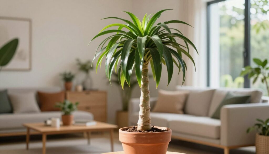 A vibrant and lush indoor setting showcasing a striking Nolina plant, also known as the elephant foot tree, prominently displayed in the foreground. Capture its unique, swollen trunk emerging from a simple, elegant terracotta pot, with long, arching green leaves cascading gracefully from the top. The middle background features a softly lit, modern living space with neutral-toned walls and a cozy atmosphere, decorated with subtle touches of greenery. Natural sunlight filters through a large window, creating soft shadows and highlighting the plant's textures. Use a shallow depth of field to keep the focus on the Nolina while gently blurring the background. The overall mood is serene and inviting, perfect for busy individuals seeking low-maintenance indoor plants.