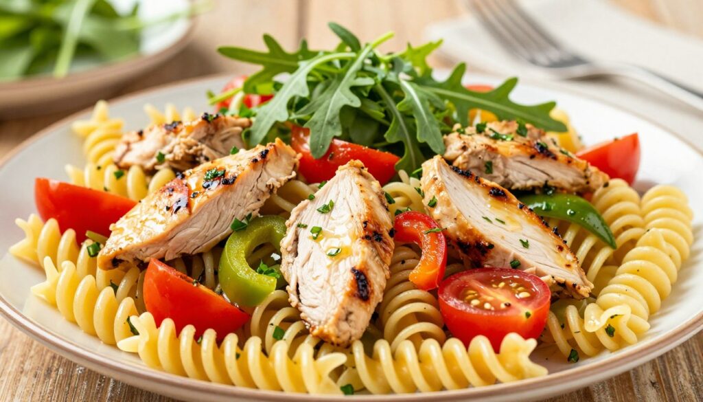 A vibrant, appetizing plate of pasta salad with chicken takes center stage, showcasing colorful ingredients. The foreground features spirals of al dente pasta mingling with tender pieces of grilled chicken, cherry tomatoes, and crisp bell peppers, all drizzled with a light vinaigrette. In the middle ground, fresh greens like arugula and spinach add layers of texture and color, while finely chopped herbs enhance the scene. The background softly blurs, hinting at a festive setting with a wooden dining table and decorative serving utensils to evoke an inviting atmosphere. Bright, natural lighting illuminates the dish, reflecting off the glossy pasta to create a warm, inviting mood. The perspective is from a slightly elevated angle, drawing the viewer into this delightful presentation of a perfect party salad. A vibrant, appetizing plate of pasta salad with chicken takes center stage, showcasing colorful ingredients. The foreground features spirals of al dente pasta mingling with tender pieces of grilled chicken, cherry tomatoes, and crisp bell peppers, all drizzled with a light vinaigrette. In the middle ground, fresh greens like arugula and spinach add layers of texture and color, while finely chopped herbs enhance the scene. The background softly blurs, hinting at a festive setting with a wooden dining table and decorative serving utensils to evoke an inviting atmosphere. Bright, natural lighting illuminates the dish, reflecting off the glossy pasta to create a warm, inviting mood. The perspective is from a slightly elevated angle, drawing the viewer into this delightful presentation of a perfect party salad.