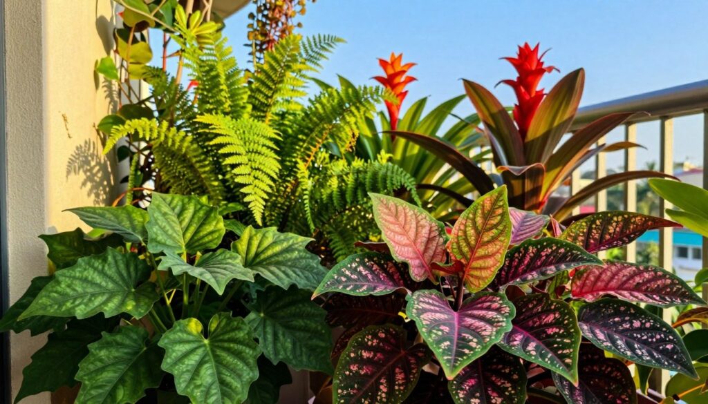 A vibrant arrangement of balcony plants with ornamental leaves, showcasing a variety of exotic species. In the foreground, dramatic, large-leafed plants such as Alocasia and Caladium, featuring intricate patterns and vivid colors like deep greens, purples, and pinks. In the middle ground, lush ferns and trailing vines add layers of texture and depth, while you can spot flowering plants like bromeliads with stunning blooms. The background features a sun-drenched balcony scene, cast in warm golden light, with a clear blue sky above. The atmosphere is lively and tropical, evoking a sense of a sunlit paradise, ideal for a southern balcony. Use a shallow depth of field for a soft background focus, highlighting the intricate details of the leaves. A vibrant arrangement of balcony plants with ornamental leaves, showcasing a variety of exotic species. In the foreground, dramatic, large-leafed plants such as Alocasia and Caladium, featuring intricate patterns and vivid colors like deep greens, purples, and pinks. In the middle ground, lush ferns and trailing vines add layers of texture and depth, while you can spot flowering plants like bromeliads with stunning blooms. The background features a sun-drenched balcony scene, cast in warm golden light, with a clear blue sky above. The atmosphere is lively and tropical, evoking a sense of a sunlit paradise, ideal for a southern balcony. Use a shallow depth of field for a soft background focus, highlighting the intricate details of the leaves.