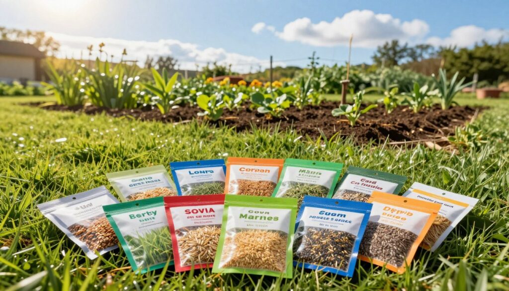 A vibrant assortment of grass seed packets for a garden, beautifully arranged in the foreground, showcasing colorful labels and various seed types. In the middle ground, a lush, green garden bordered with freshly tilled soil, ready for planting, with the sun softly illuminating the scene, casting gentle shadows. The background features a clear blue sky with a few fluffy clouds, enhancing the serene atmosphere of a sunny day. The lighting is warm and inviting, capturing the essence of a perfect day for gardening. The angle is slightly elevated, providing a comprehensive view of the setup, with a focus on the texture and colors of the seeds, conveying the importance of choosing the right mix for a healthy lawn. A vibrant assortment of grass seed packets for a garden, beautifully arranged in the foreground, showcasing colorful labels and various seed types. In the middle ground, a lush, green garden bordered with freshly tilled soil, ready for planting, with the sun softly illuminating the scene, casting gentle shadows. The background features a clear blue sky with a few fluffy clouds, enhancing the serene atmosphere of a sunny day. The lighting is warm and inviting, capturing the essence of a perfect day for gardening. The angle is slightly elevated, providing a comprehensive view of the setup, with a focus on the texture and colors of the seeds, conveying the importance of choosing the right mix for a healthy lawn.