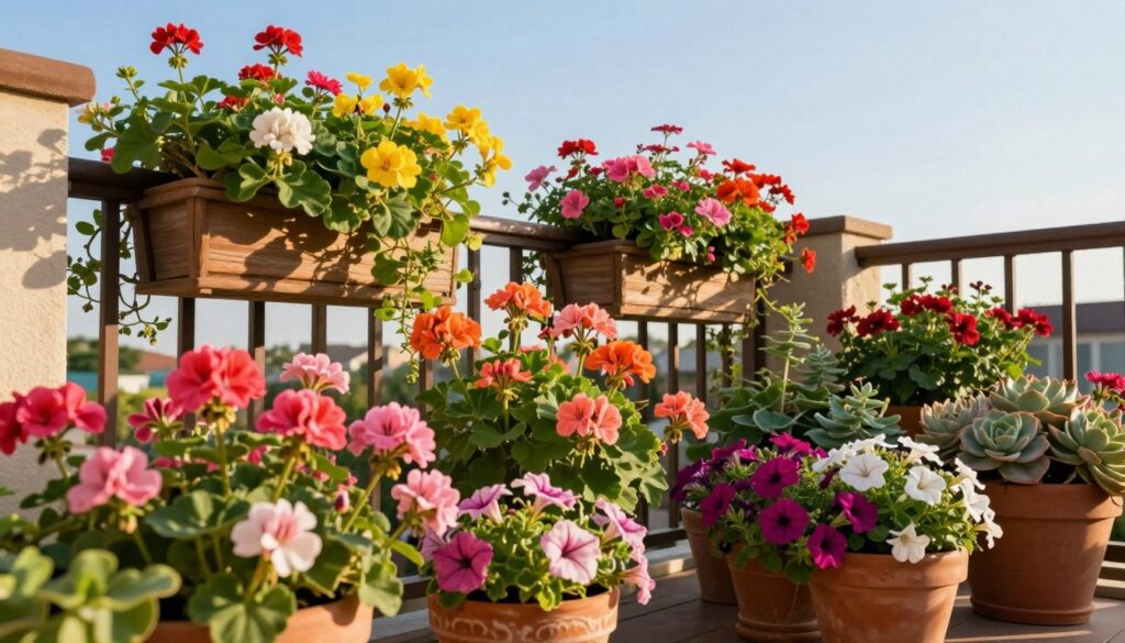 A vibrant balcony garden in full bloom, showcasing a variety of sun-loving flowering plants that thrive throughout the season. In the foreground, clusters of colorful geraniums, petunias, and succulents spill over the edges of decorative terracotta pots. The middle ground features a charming wooden railing adorned with lush green foliage and cascading flowers, all bathed in warm, golden sunlight. In the background, a clear blue sky forms a serene backdrop, enhancing the lively colors of the flowers. The scene conveys a joyful and lively atmosphere, ideal for a southern-facing balcony. Capture this image with a soft focus, emphasizing the rich textures and colors of the blossoms while maintaining a bright and inviting ambiance. A vibrant balcony garden in full bloom, showcasing a variety of sun-loving flowering plants that thrive throughout the season. In the foreground, clusters of colorful geraniums, petunias, and succulents spill over the edges of decorative terracotta pots. The middle ground features a charming wooden railing adorned with lush green foliage and cascading flowers, all bathed in warm, golden sunlight. In the background, a clear blue sky forms a serene backdrop, enhancing the lively colors of the flowers. The scene conveys a joyful and lively atmosphere, ideal for a southern-facing balcony. Capture this image with a soft focus, emphasizing the rich textures and colors of the blossoms while maintaining a bright and inviting ambiance.