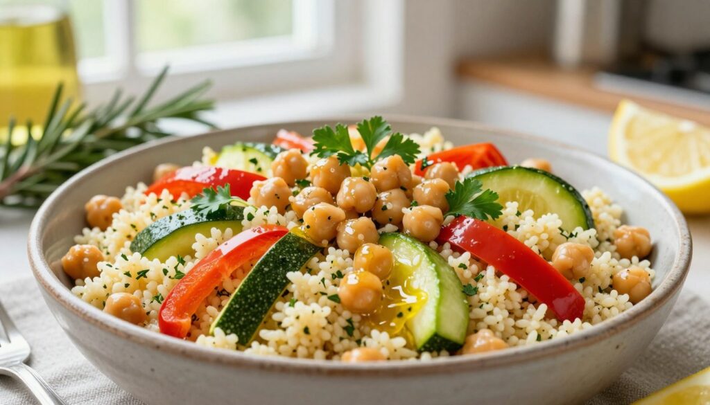 A vibrant dish of couscous with chickpeas and an array of colorful vegetables, artistically presented in a rustic bowl. The couscous is fluffy, dotted with herbs, while glistening chickpeas, bright bell peppers, tender zucchini, and fresh parsley create a harmonious mix. Drizzled with golden olive oil, the dish radiates freshness and warmth. In the background, a softly blurred kitchen setting suggests a cozy home atmosphere, with natural light filtering through a window, highlighting the textures and colors of the ingredients. A few sprigs of rosemary and lemon slices are artfully placed around, enhancing the inviting feel of a quick, delicious meal ready in 30 minutes. The mood is cheerful and inviting, perfect for a Friday dinner. A vibrant dish of couscous with chickpeas and an array of colorful vegetables, artistically presented in a rustic bowl. The couscous is fluffy, dotted with herbs, while glistening chickpeas, bright bell peppers, tender zucchini, and fresh parsley create a harmonious mix. Drizzled with golden olive oil, the dish radiates freshness and warmth. In the background, a softly blurred kitchen setting suggests a cozy home atmosphere, with natural light filtering through a window, highlighting the textures and colors of the ingredients. A few sprigs of rosemary and lemon slices are artfully placed around, enhancing the inviting feel of a quick, delicious meal ready in 30 minutes. The mood is cheerful and inviting, perfect for a Friday dinner.