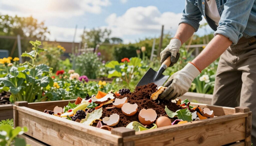 A vibrant garden scene showcasing various organic waste being added to a compost bin. In the foreground, a wooden compost bin filled with layers of food scraps like vegetable peels, coffee grounds, eggshells, and fallen leaves. To the side, a gardener, dressed in casual work attire and gloves, gently adds more scraps to the bin with a trowel. In the middle, lush green plants and flowers surround the compost area, emphasizing a healthy garden ecosystem. The background features a sunny sky with soft, fluffy clouds, creating a warm and inviting atmosphere. The lighting is bright and natural, highlighting the textures of the compost materials and the freshness of the garden. The image should evoke a sense of sustainability and eco-friendliness.