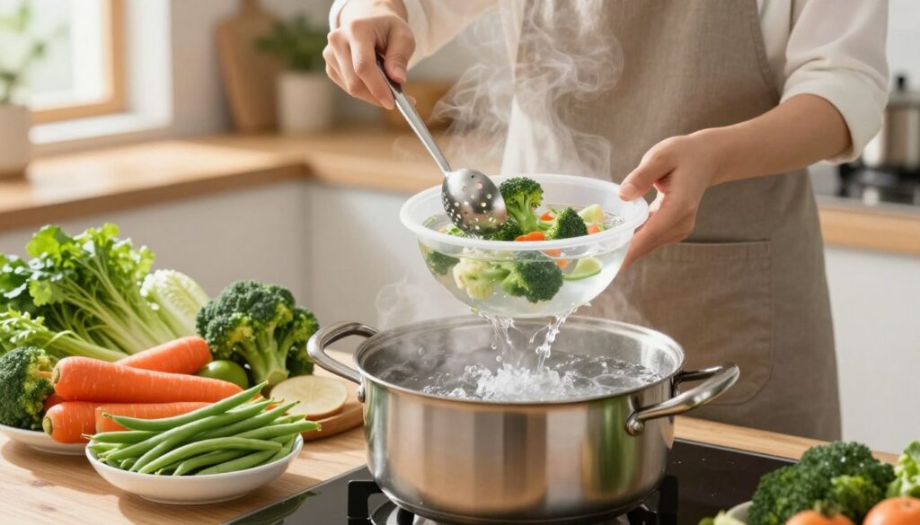 A vibrant kitchen scene featuring a variety of fresh vegetables being blanched before freezing. In the foreground, a large pot of boiling water simmers on a stove, with steam delicately rising into the air. To the side, colorful vegetables like broccoli, green beans, and carrots are neatly arranged in bowls, ready for blanching. In the middle ground, a person wearing a modest apron and professional attire carefully uses a slotted spoon to transfer the blanched vegetables into a bowl of ice water, showcasing precision and care. The background includes a cozy kitchen setting with soft, natural light coming through a window, creating a warm and inviting atmosphere. The focus is sharp on the blanching process while the kitchen elements remain slightly blurred to emphasize the significance of the vegetables.