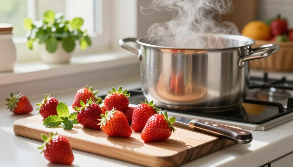 A vibrant kitchen scene showcasing the preparation of fresh strawberries and a large pot. In the foreground, ripe strawberries are beautifully arranged on a wooden cutting board, along with a vintage knife and a sprig of mint for decoration. The middle ground features a gleaming stainless steel pot, ready for cooking, with steam gently rising from it. Bright sunlight filters through a window, casting soft shadows across the countertop, highlighting the textures of the fruits and the shiny surface of the pot. In the background, cozy kitchen elements like fresh herbs and fruit baskets create a warm and inviting atmosphere. The overall mood is cheerful and homey, emphasizing the joy of preparing fruit for homemade jam without sugar. A vibrant kitchen scene showcasing the preparation of fresh strawberries and a large pot. In the foreground, ripe strawberries are beautifully arranged on a wooden cutting board, along with a vintage knife and a sprig of mint for decoration. The middle ground features a gleaming stainless steel pot, ready for cooking, with steam gently rising from it. Bright sunlight filters through a window, casting soft shadows across the countertop, highlighting the textures of the fruits and the shiny surface of the pot. In the background, cozy kitchen elements like fresh herbs and fruit baskets create a warm and inviting atmosphere. The overall mood is cheerful and homey, emphasizing the joy of preparing fruit for homemade jam without sugar.