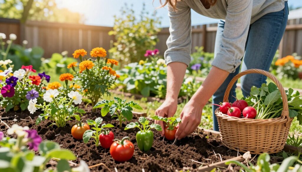 A vibrant spring garden scene in May, depicting a sunny day perfect for the planting of warm-weather plants. In the foreground, a gardener in modest casual attire gently plants colorful seedlings like tomatoes and peppers in rich, dark soil. A wicker basket at their side holds freshly harvested radishes and leafy greens, showcasing the first bountiful produce of the season. In the middle ground, an array of blooming flowers such as marigolds and petunias add splashes of color, while lush green plants stretch outward towards the sun. In the background, a wooden fence and a clear blue sky enhance the cheerful atmosphere. Soft, golden sunlight casts gentle shadows, evoking a sense of warmth and abundance in this fruitful gardening moment. A vibrant spring garden scene in May, depicting a sunny day perfect for the planting of warm-weather plants. In the foreground, a gardener in modest casual attire gently plants colorful seedlings like tomatoes and peppers in rich, dark soil. A wicker basket at their side holds freshly harvested radishes and leafy greens, showcasing the first bountiful produce of the season. In the middle ground, an array of blooming flowers such as marigolds and petunias add splashes of color, while lush green plants stretch outward towards the sun. In the background, a wooden fence and a clear blue sky enhance the cheerful atmosphere. Soft, golden sunlight casts gentle shadows, evoking a sense of warmth and abundance in this fruitful gardening moment.