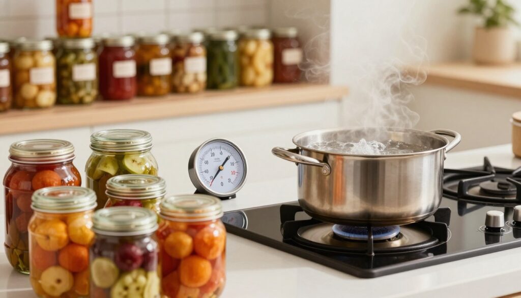 A well-lit kitchen setting featuring a stovetop with a large pot of boiling water, which represents the pasteurization process. In the foreground, there are several glass jars filled with colorful preserved fruits and vegetables, neatly arranged on a countertop. In the middle ground, a kitchen thermometer is prominently displayed, showing a specific temperature, while a timer sits next to it, highlighting the importance of timing in pasteurization. The background showcases shelves filled with neatly labeled jars, conveying a sense of organization and homeliness. Soft, warm lighting creates an inviting atmosphere, enhancing the mood of a reliable and professional home kitchen. The angle is slightly elevated, offering a clear view of the jars and kitchen tools, emphasizing the process of selecting the right temperature and time for pasteurization.
