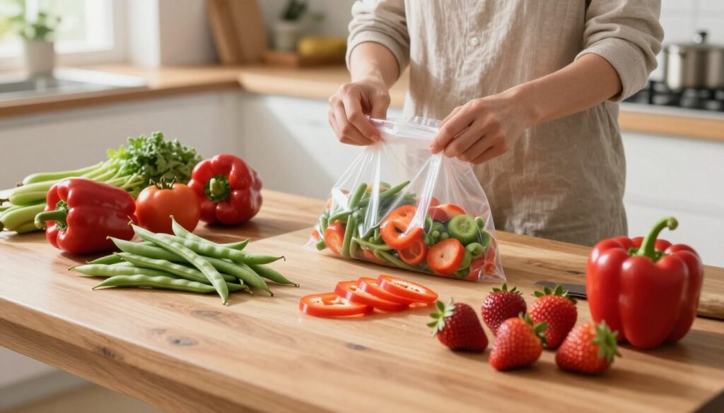 A well-organized kitchen scene focused on the preparation of fruits and vegetables for freezing. In the foreground, a sturdy wooden table is covered with a variety of colorful produce: bright green beans, vibrant red bell peppers, and fresh strawberries, all neatly washed and sliced. In the middle ground, a person wearing a modest casual outfit carefully packages the prepared items into freezer bags, ensuring they are air-tight. The background showcases a bright and airy kitchen with natural light streaming in through a window, casting soft shadows. The overall mood conveys a sense of health, freshness, and home-cooking, emphasizing the importance of proper preparation before freezing produce.
