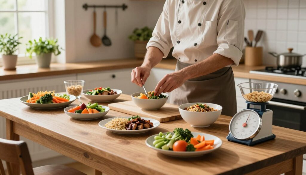 An inviting kitchen scene featuring a wooden dining table with neatly arranged portioned meals in various bowls and plates, showcasing colorful vegetables, grains, and proteins to emphasize balanced eating. In the foreground, a set of measuring cups and a kitchen scale, reflecting the importance of matching portion sizes. The middle ground features a chef in a modest casual outfit, carefully measuring ingredients, with a focused expression, symbolizing mindful cooking and waste reduction. The background includes utensils hanging on a rack, and fresh herbs in pots, creating a warm, homey atmosphere with soft, diffused natural light from a nearby window, casting gentle shadows. The mood is encouraging and practical, inspiring viewers to cook efficiently and waste less food.