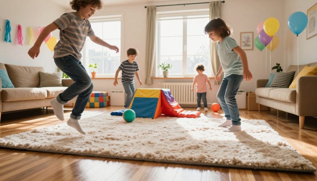 Energetic children engaging in active indoor play, showcasing various movement games in a spacious, colorful living room. In the foreground, a child is jumping on a soft, fluffy mat, while another child rolls a ball across the floor. In the middle, a makeshift obstacle course made of cushions and toys invites excitement. Behind them, a bright window lets in warm, natural light, casting soft shadows on the wooden floor. Cheerful decorations like balloons and streamers add to the festive atmosphere. The mood is lively and joyful, with an emphasis on fun and creativity. The angle captures the scene from a low perspective, enhancing the sense of movement and energy. Energetic children engaging in active indoor play, showcasing various movement games in a spacious, colorful living room. In the foreground, a child is jumping on a soft, fluffy mat, while another child rolls a ball across the floor. In the middle, a makeshift obstacle course made of cushions and toys invites excitement. Behind them, a bright window lets in warm, natural light, casting soft shadows on the wooden floor. Cheerful decorations like balloons and streamers add to the festive atmosphere. The mood is lively and joyful, with an emphasis on fun and creativity. The angle captures the scene from a low perspective, enhancing the sense of movement and energy.