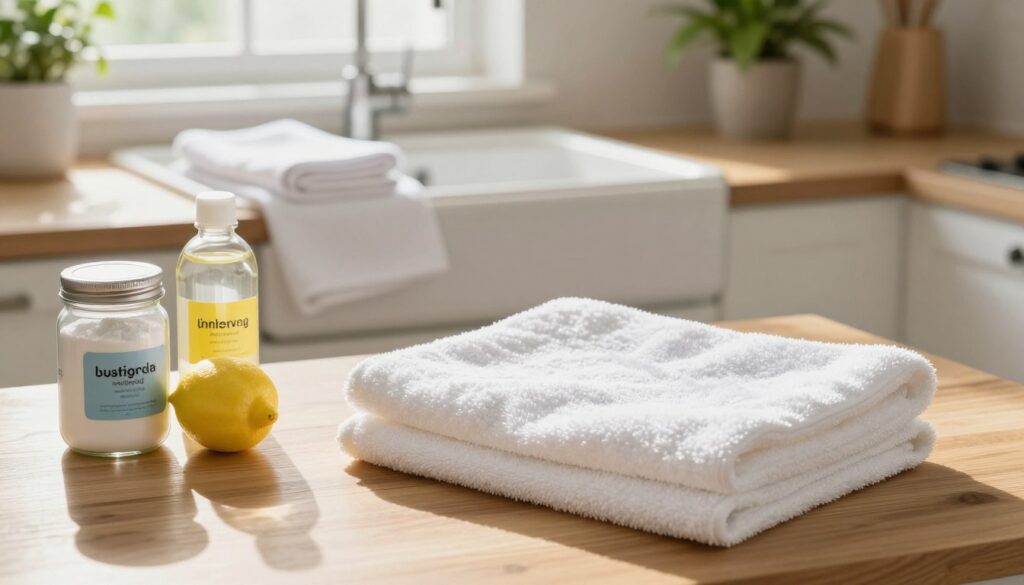 In a cozy, well-lit kitchen, a bright, white towel is beautifully displayed on a wooden table, surrounded by natural ingredients known for their whitening properties. In the foreground, there are jars of baking soda, lemon, and vinegar, each with vibrant labels, reflecting a homely atmosphere. The middle ground features a clean sink with a couple of towels draped elegantly, emphasizing their fresh appearance. Sunlight streams through a window, creating a warm highlight on the towels, casting soft shadows that enhance the inviting ambiance. In the background, a potted plant adds a touch of greenery, reinforcing a clean and natural home environment for effective, chlorine-free towel whitening methods. The overall mood is clean, refreshing, and eco-friendly, evoking a sense of DIY home care. In a cozy, well-lit kitchen, a bright, white towel is beautifully displayed on a wooden table, surrounded by natural ingredients known for their whitening properties. In the foreground, there are jars of baking soda, lemon, and vinegar, each with vibrant labels, reflecting a homely atmosphere. The middle ground features a clean sink with a couple of towels draped elegantly, emphasizing their fresh appearance. Sunlight streams through a window, creating a warm highlight on the towels, casting soft shadows that enhance the inviting ambiance. In the background, a potted plant adds a touch of greenery, reinforcing a clean and natural home environment for effective, chlorine-free towel whitening methods. The overall mood is clean, refreshing, and eco-friendly, evoking a sense of DIY home care.