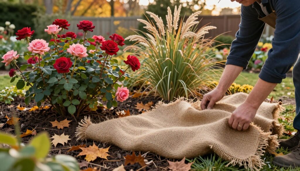 In a serene garden setting during late autumn, a skilled gardener carefully covers vibrant rose bushes, ornamental grasses, and perennial plants with protective layers of burlap and mulch. The foreground captures the gardener's hands gently arranging the materials, showcasing the intricate textures of the foliage. In the middle ground, the colorful roses stand resilient against the backdrop of soft, falling leaves, while ornamental grasses sway gently in a light breeze. The background features a softly blurred garden fence, hinting at a tranquil landscape. The soft, golden light of the late afternoon sun bathes the scene, enhancing the peaceful, nurturing atmosphere. The composition conveys warmth, care, and the importance of winter protection for plants. In a serene garden setting during late autumn, a skilled gardener carefully covers vibrant rose bushes, ornamental grasses, and perennial plants with protective layers of burlap and mulch. The foreground captures the gardener's hands gently arranging the materials, showcasing the intricate textures of the foliage. In the middle ground, the colorful roses stand resilient against the backdrop of soft, falling leaves, while ornamental grasses sway gently in a light breeze. The background features a softly blurred garden fence, hinting at a tranquil landscape. The soft, golden light of the late afternoon sun bathes the scene, enhancing the peaceful, nurturing atmosphere. The composition conveys warmth, care, and the importance of winter protection for plants.